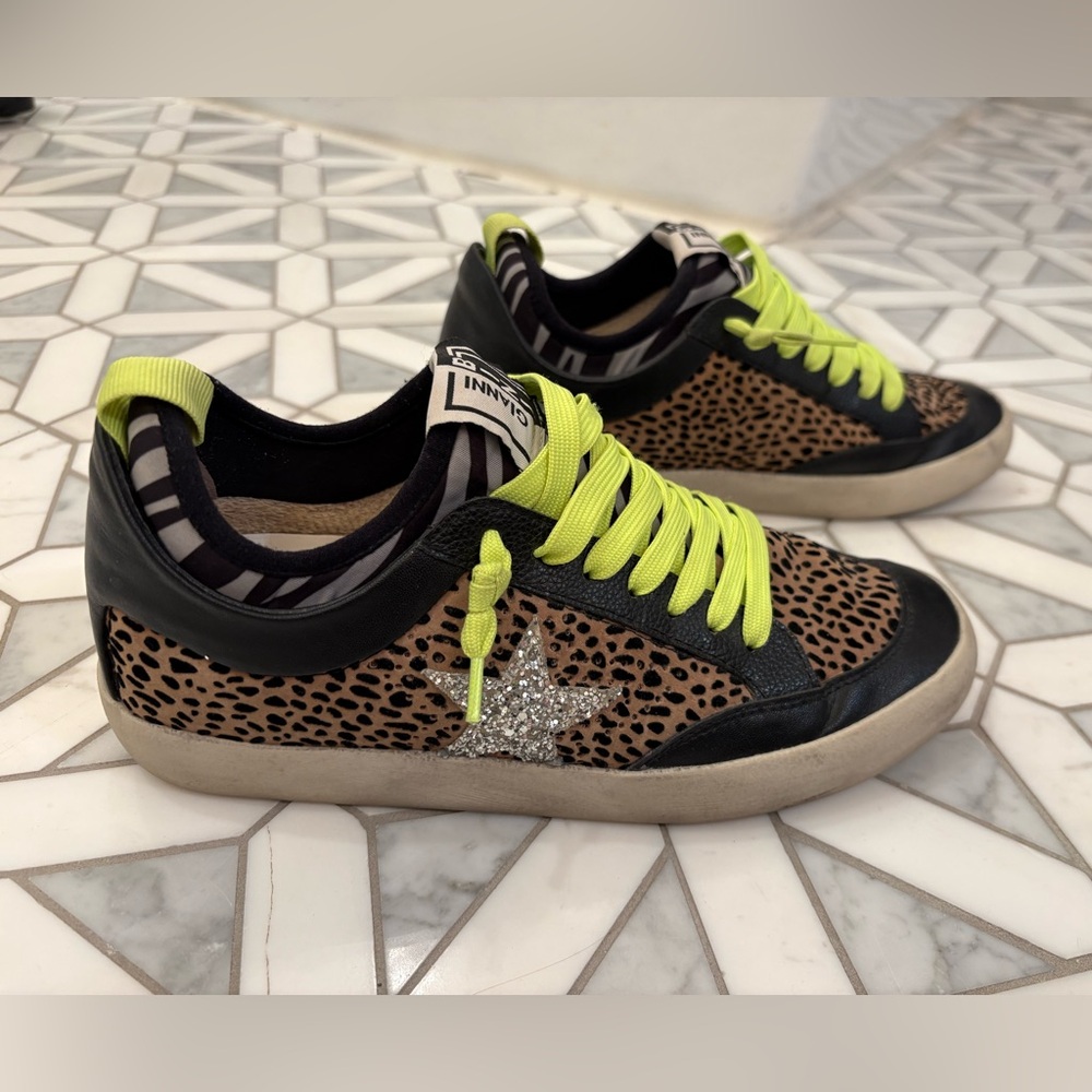 Gianni Bini Leopard Print Sneakers with Neon Green and Silver